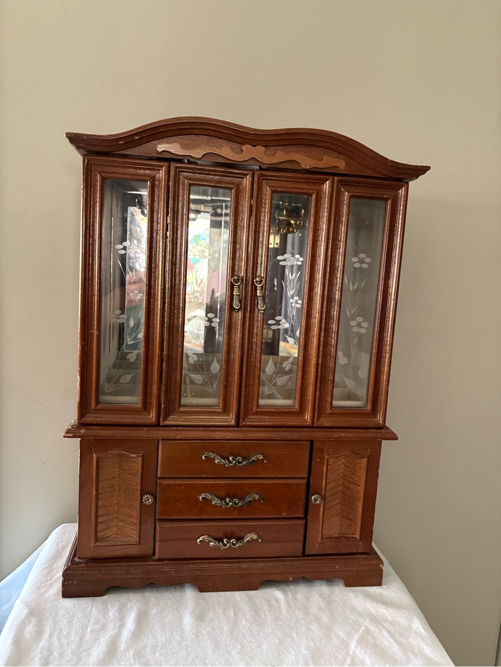 Vintage Wooden Jewelry Box Armoire Mirror Drawers Glass Doors 19x14”